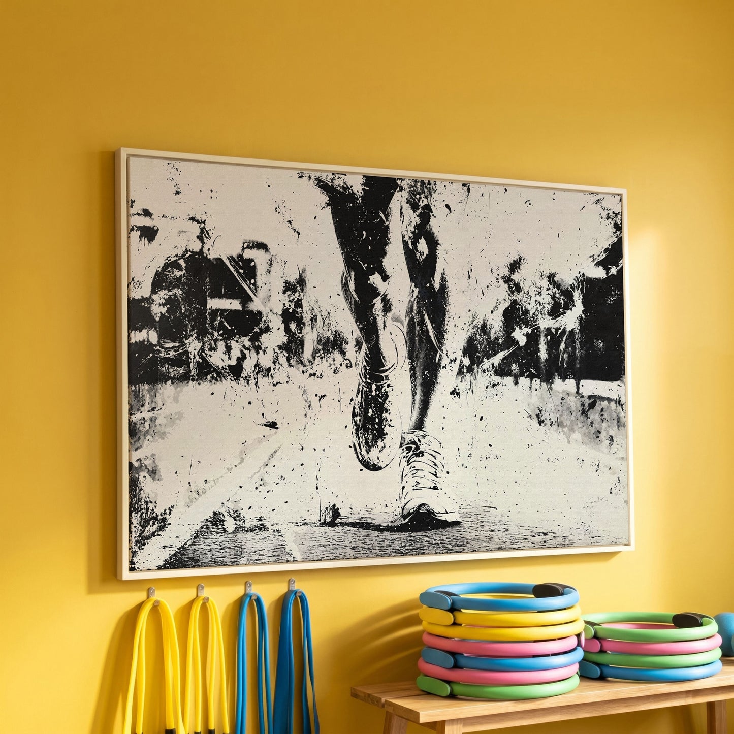 Black and White Runner Canvas. Abstract Athletic Motion in white floating frame
