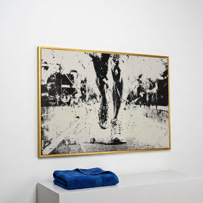Black and White Runner Canvas. Abstract Athletic Motion in yellow gold floating frame