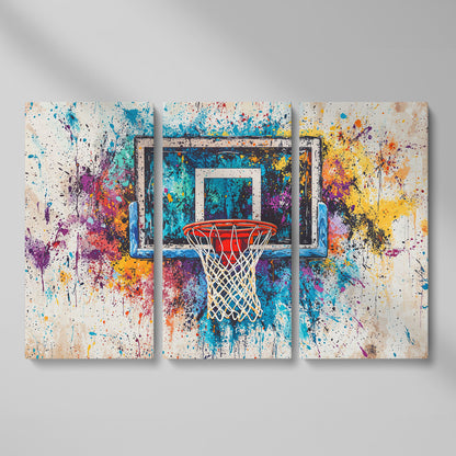 Basketball Hoop with Turquoise & Orange Splatter Canvas as 3-panel split version