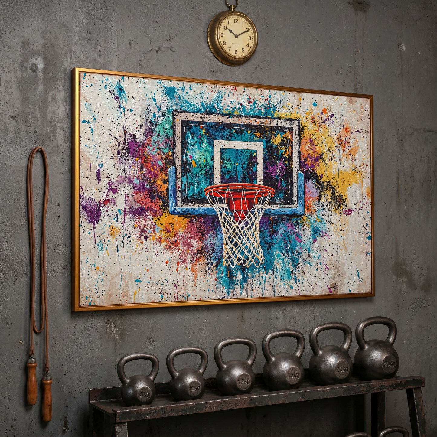 Basketball Hoop with Turquoise & Orange Splatter Canvas in antique gold floating frame
