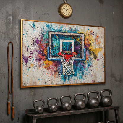 Basketball Hoop with Turquoise & Orange Splatter Canvas in antique gold floating frame