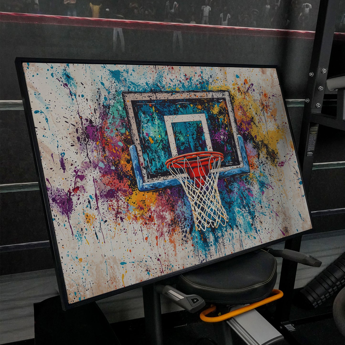 Basketball Hoop with Turquoise & Orange Splatter Canvas in black floating frame