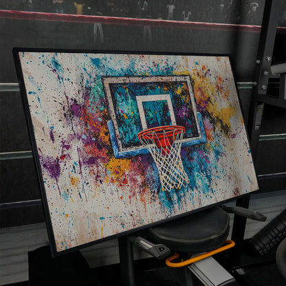 Basketball Hoop with Turquoise & Orange Splatter Canvas in black floating frame