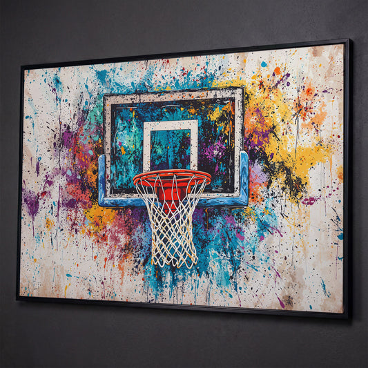 Basketball Hoop with Turquoise & Orange Splatter Canvas shown in black floating frame