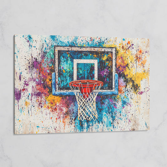 Basketball Hoop with Turquoise & Orange Splatter Canvas on gallery wrap