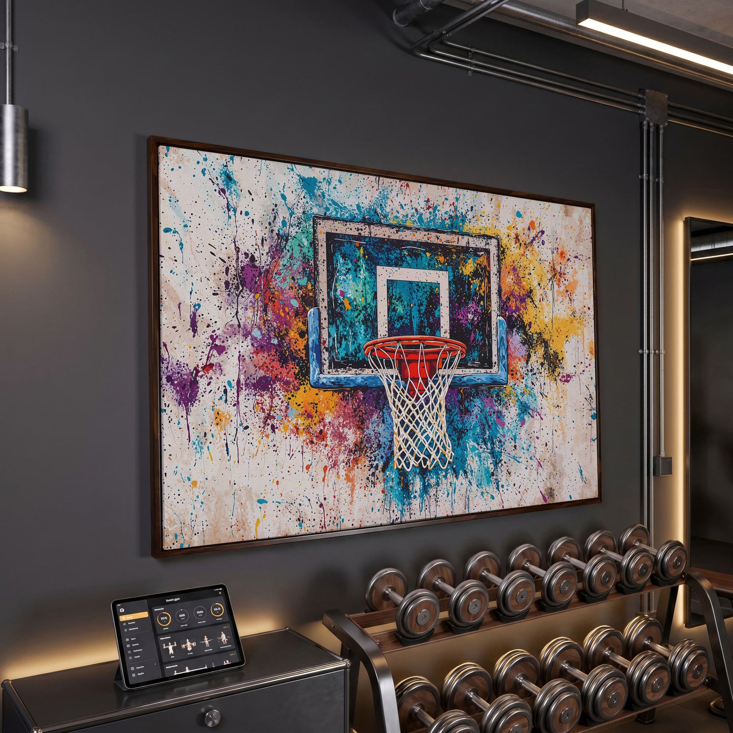 Basketball Hoop with Turquoise & Orange Splatter Canvas in dark walnut floating frame