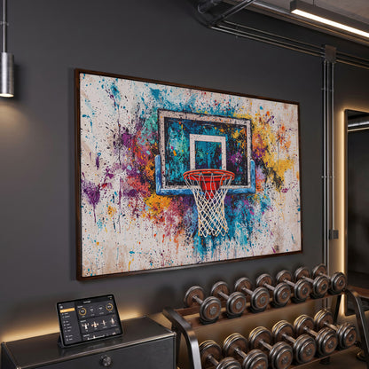 Basketball Hoop with Turquoise & Orange Splatter Canvas in dark walnut floating frame