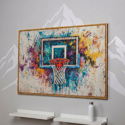 Basketball Hoop with Turquoise & Orange Splatter Canvas in white oak floating frame