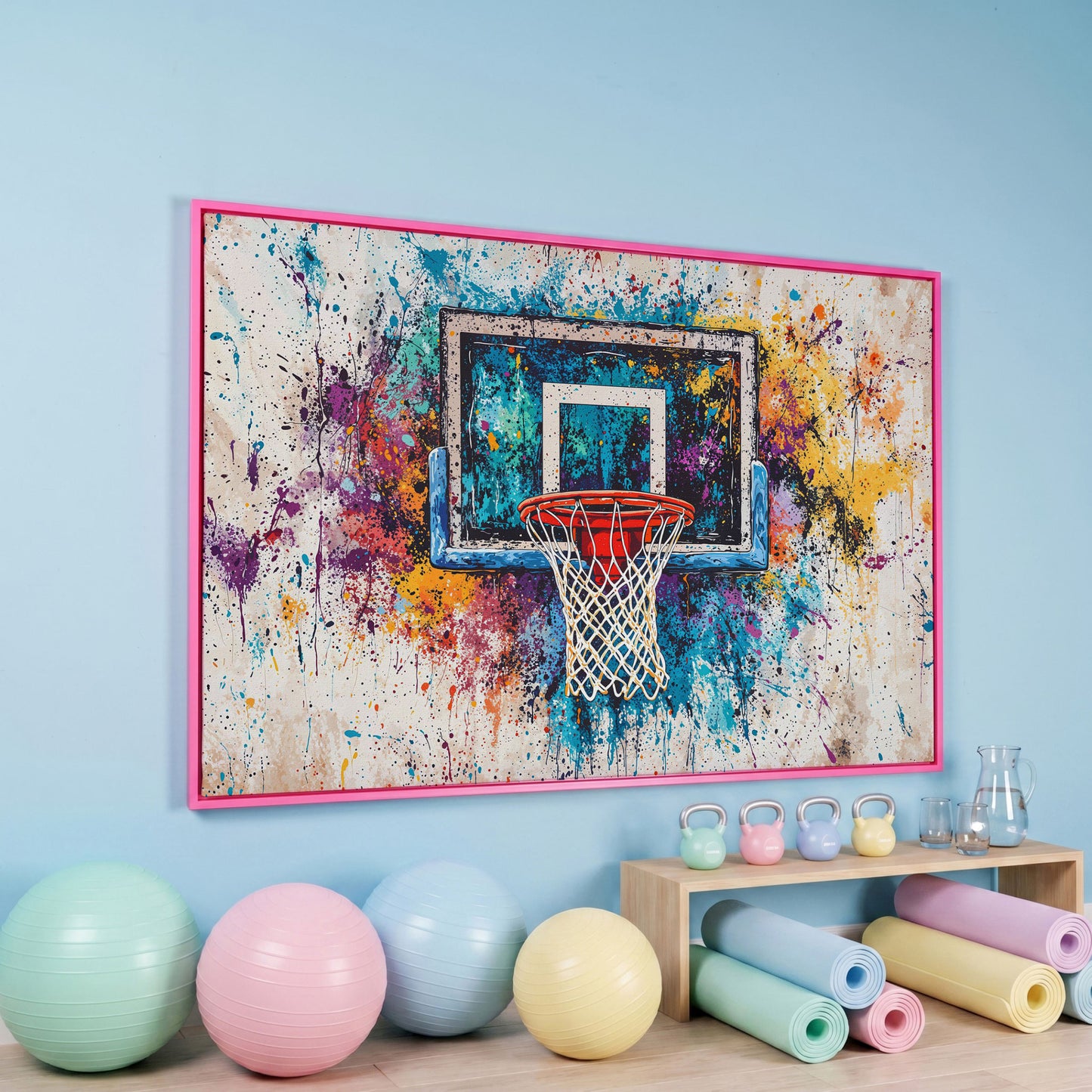 Basketball Hoop with Turquoise & Orange Splatter Canvas in pink floating frame