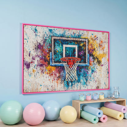 Basketball Hoop with Turquoise & Orange Splatter Canvas in pink floating frame