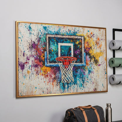 Basketball Hoop with Turquoise & Orange Splatter Canvas in rose gold floating frame