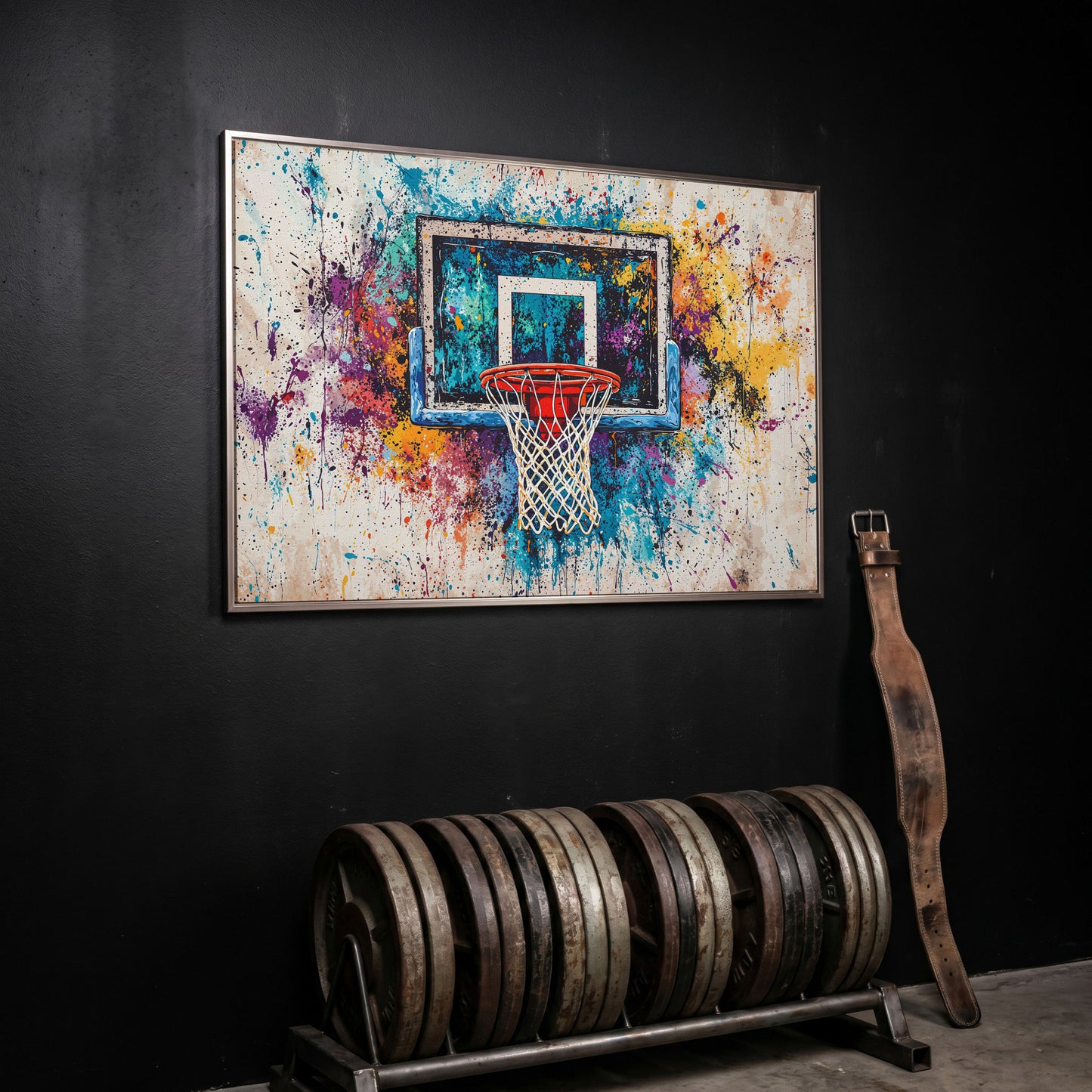 Basketball Hoop with Turquoise & Orange Splatter Canvas in silver floating frame