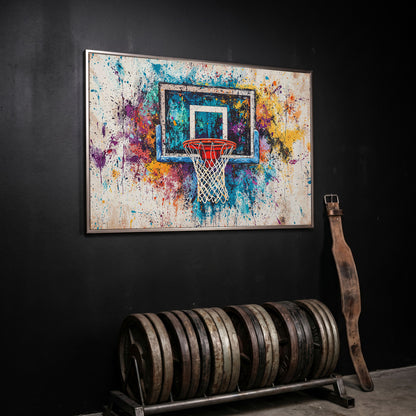 Basketball Hoop with Turquoise & Orange Splatter Canvas in silver floating frame