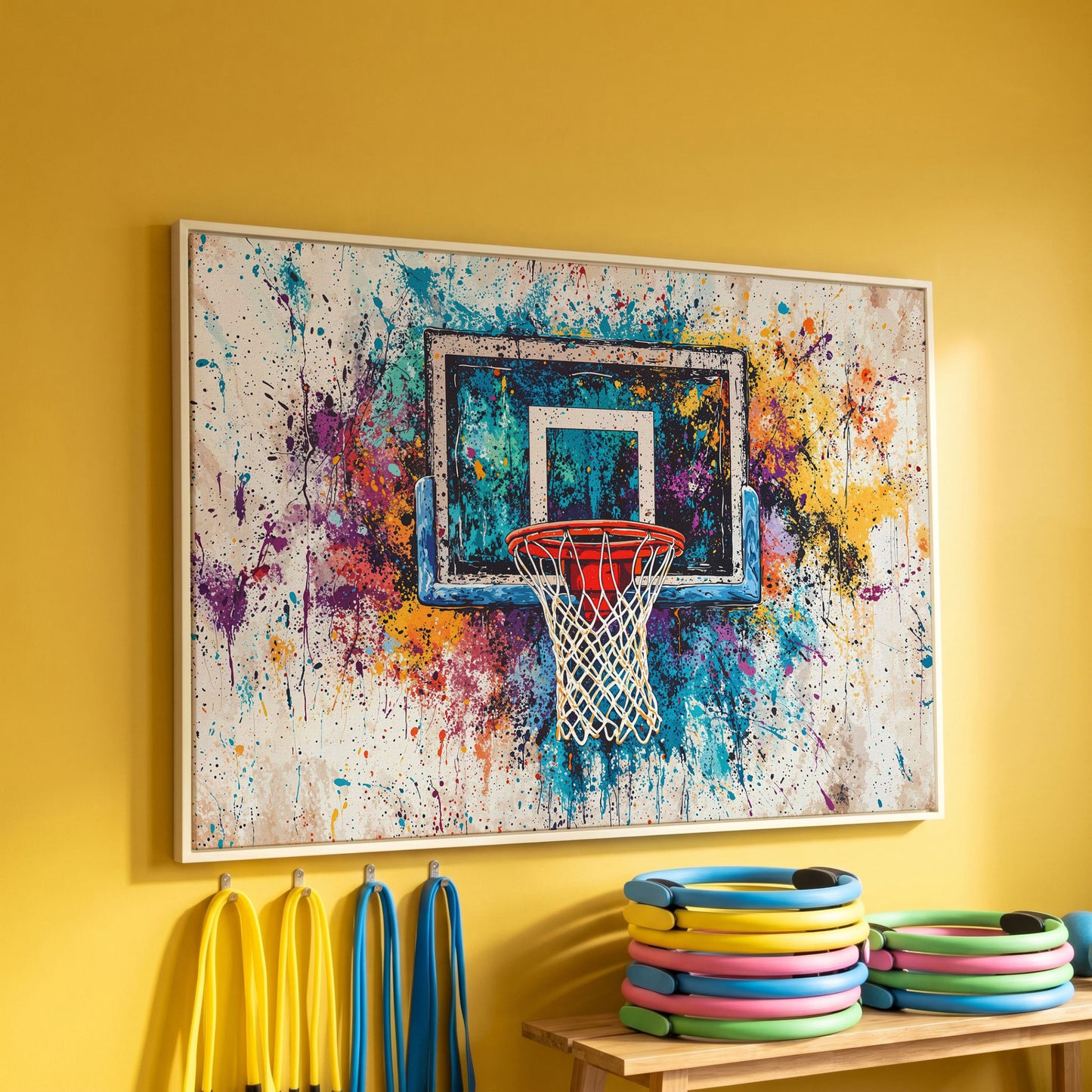 Basketball Hoop with Turquoise & Orange Splatter Canvas in white floating frame