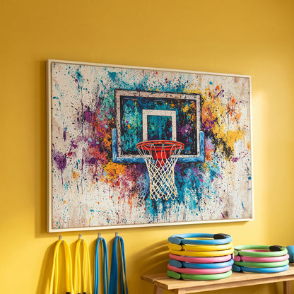 Basketball Hoop with Turquoise & Orange Splatter Canvas in white floating frame