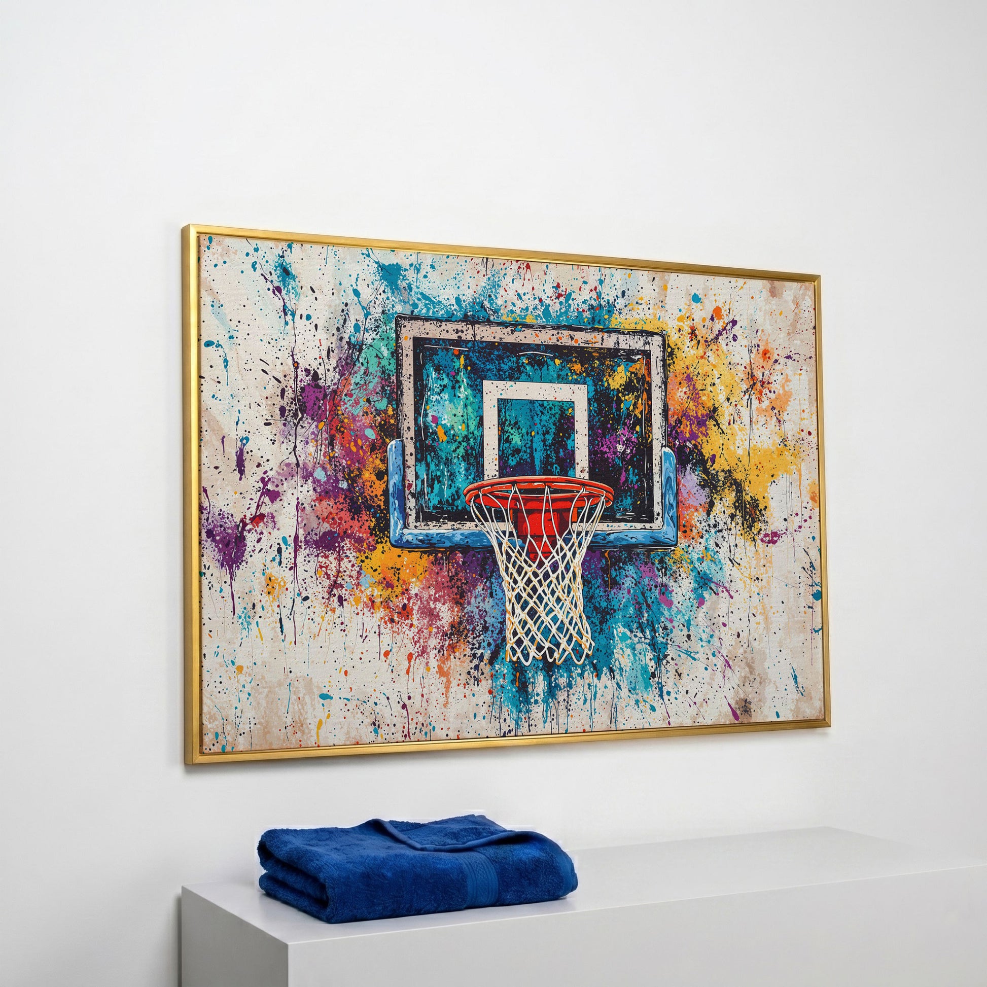 Basketball Hoop with Turquoise & Orange Splatter Canvas in yellow gold floating frame