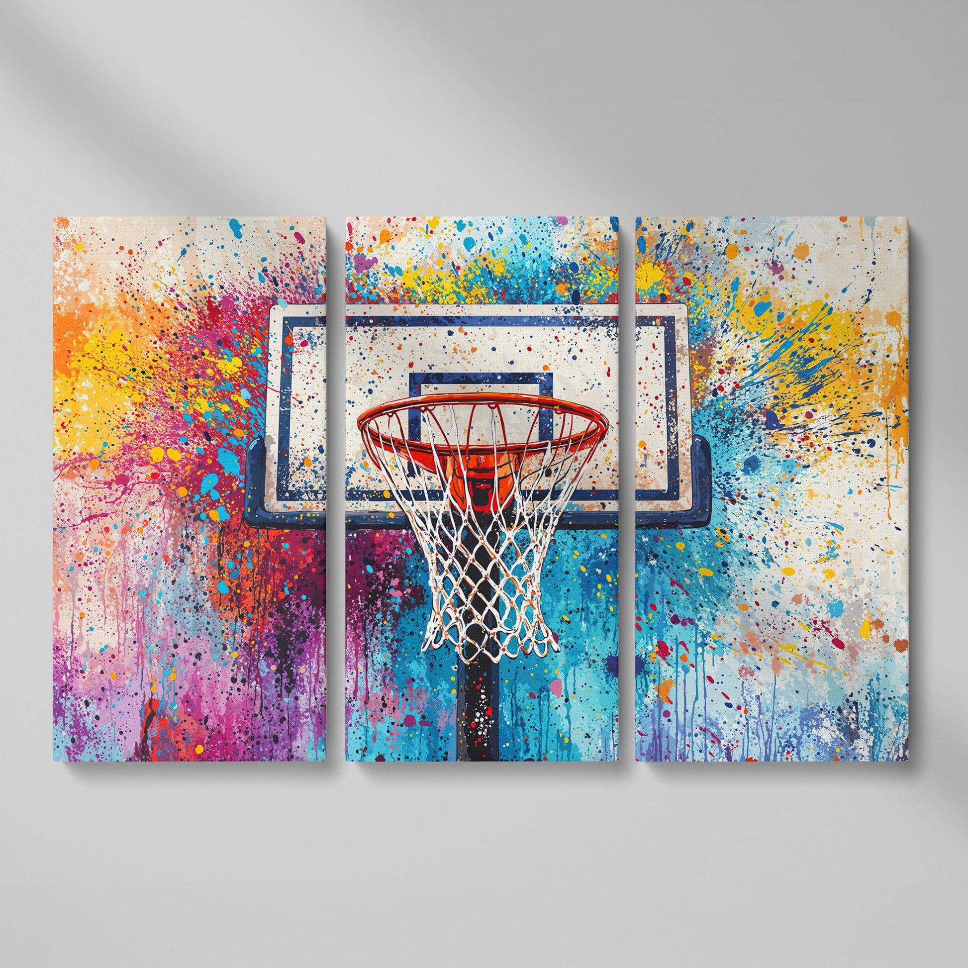 Basketball Hoop Canvas Print with Cerulean & Crimson Splatter as 3-panel split version