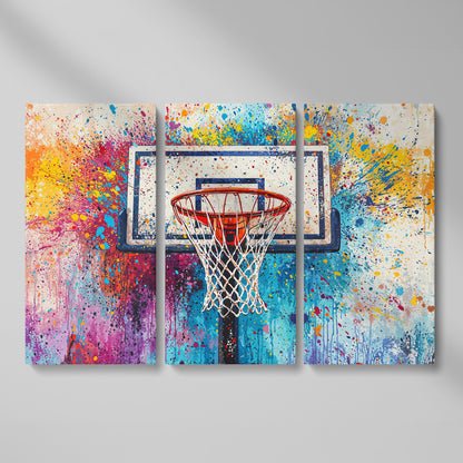 Basketball Hoop Canvas Print with Cerulean & Crimson Splatter as 3-panel split version