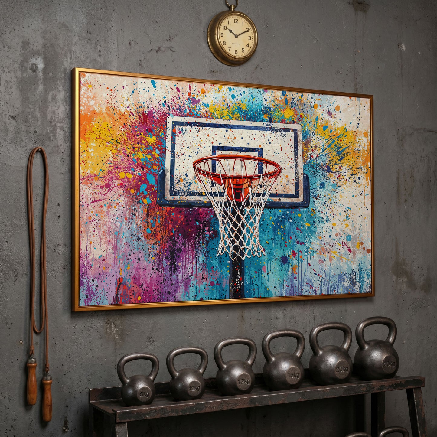 Basketball Hoop Canvas Print with Cerulean & Crimson Splatter in antique gold floating frame