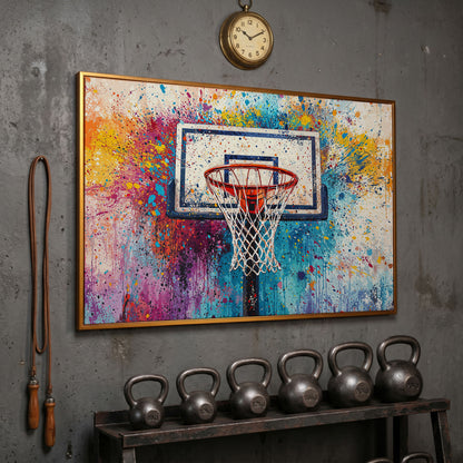 Basketball Hoop Canvas Print with Cerulean & Crimson Splatter in antique gold floating frame