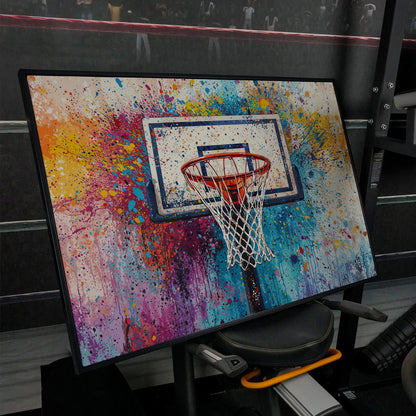 Basketball Hoop Canvas Print with Cerulean & Crimson Splatter in black floating frame