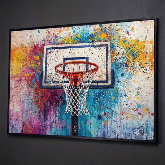 Basketball Hoop Canvas Print with Cerulean & Crimson Splatter shown in black floating frame