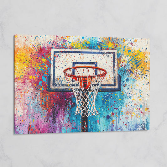 Basketball Hoop Canvas Print with Cerulean & Crimson Splatter on gallery wrap