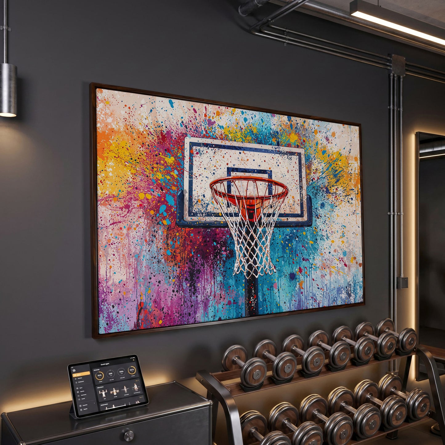 Basketball Hoop Canvas Print with Cerulean & Crimson Splatter in dark walnut floating frame