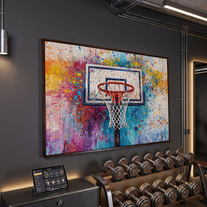 Basketball Hoop Canvas Print with Cerulean & Crimson Splatter in dark walnut floating frame