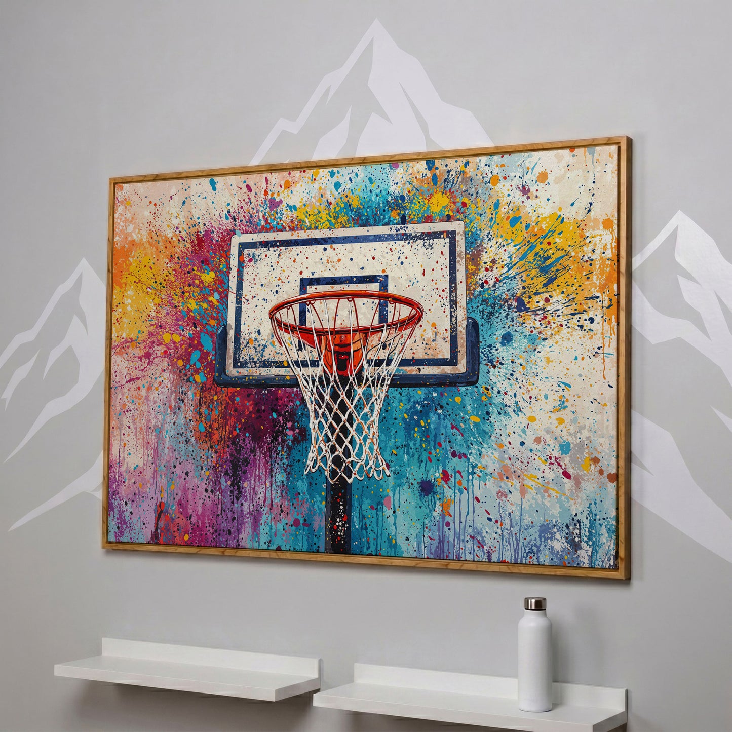 Basketball Hoop Canvas Print with Cerulean & Crimson Splatter in white oak floating frame