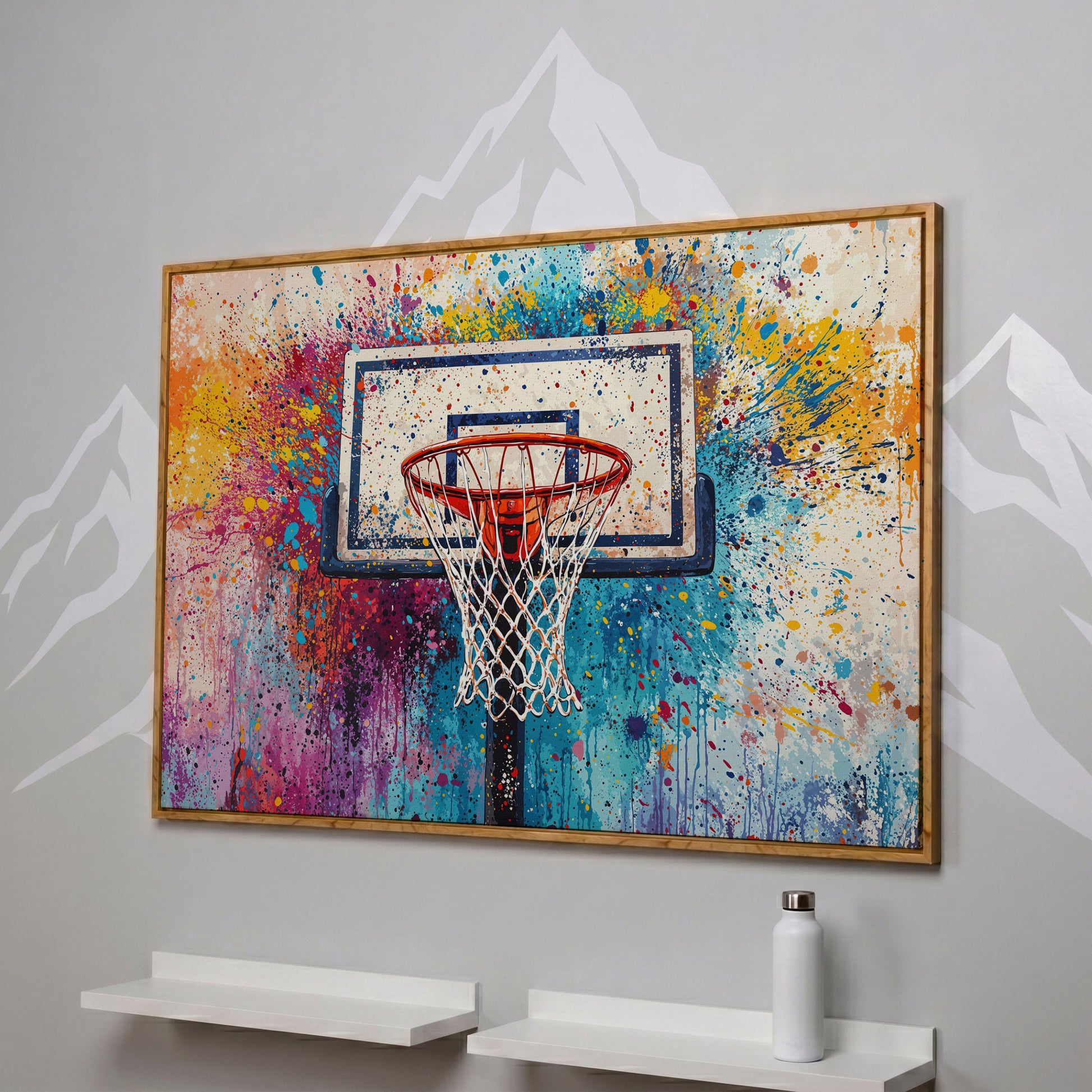 Basketball Hoop Canvas Print with Cerulean & Crimson Splatter in white oak floating frame