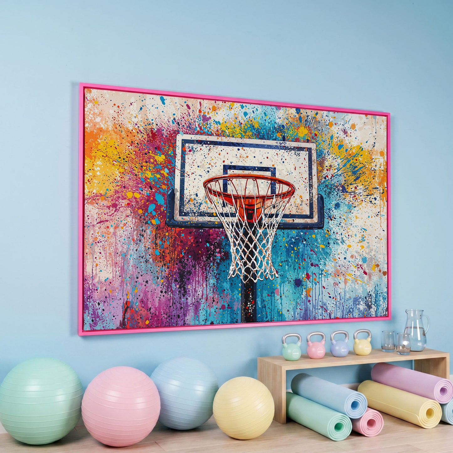 Basketball Hoop Canvas Print with Cerulean & Crimson Splatter in pink floating frame