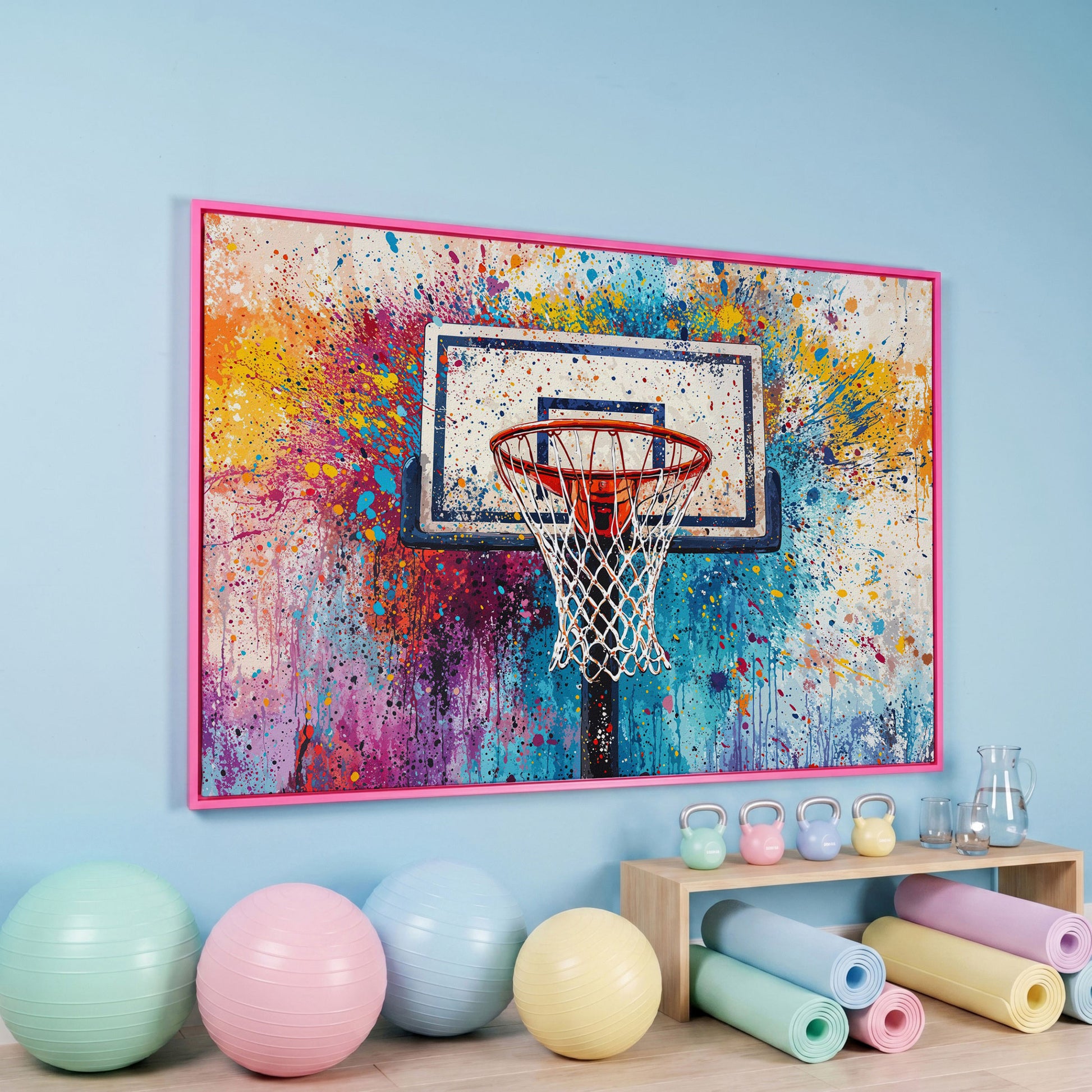 Basketball Hoop Canvas Print with Cerulean & Crimson Splatter in pink floating frame