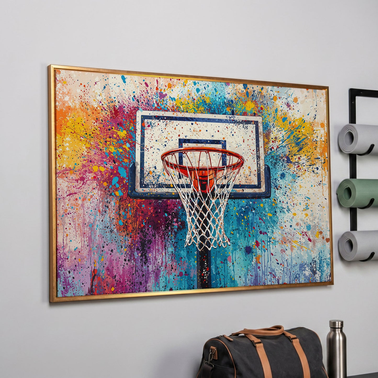 Basketball Hoop Canvas Print with Cerulean & Crimson Splatter in rose gold floating frame