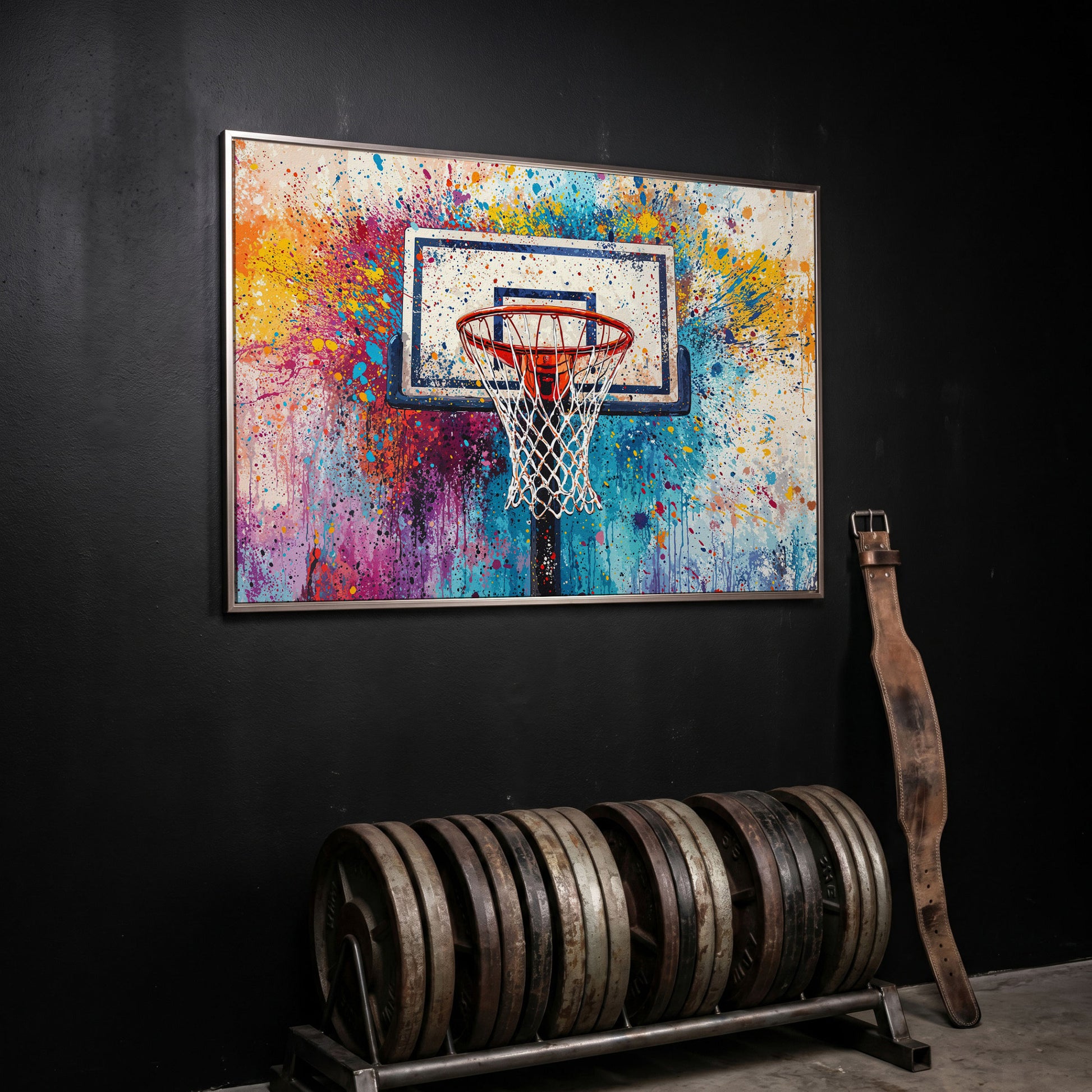 Basketball Hoop Canvas Print with Cerulean & Crimson Splatter in silver floating frame