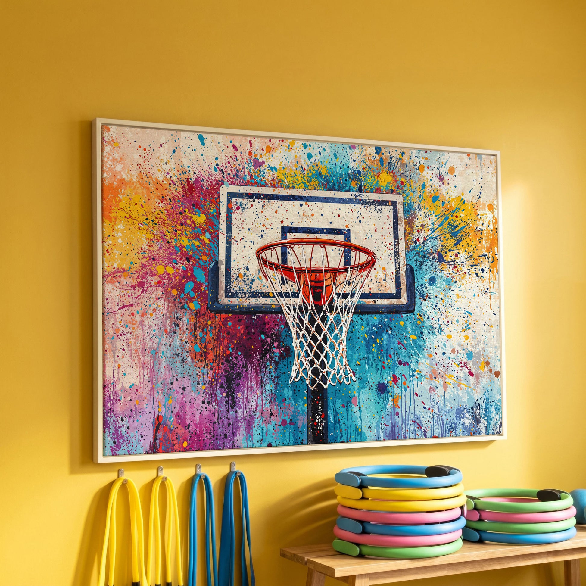 Basketball Hoop Canvas Print with Cerulean & Crimson Splatter in white floating frame
