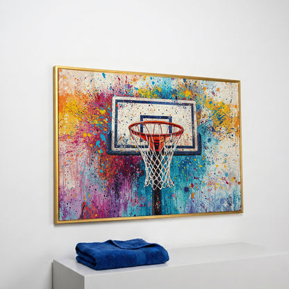 Basketball Hoop Canvas Print with Cerulean & Crimson Splatter in yellow gold floating frame