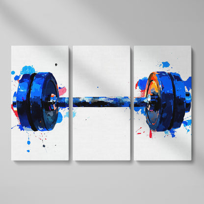 Dumbbell Watercolor Canvas Print in Cerulean & Crimson as 3-panel split version
