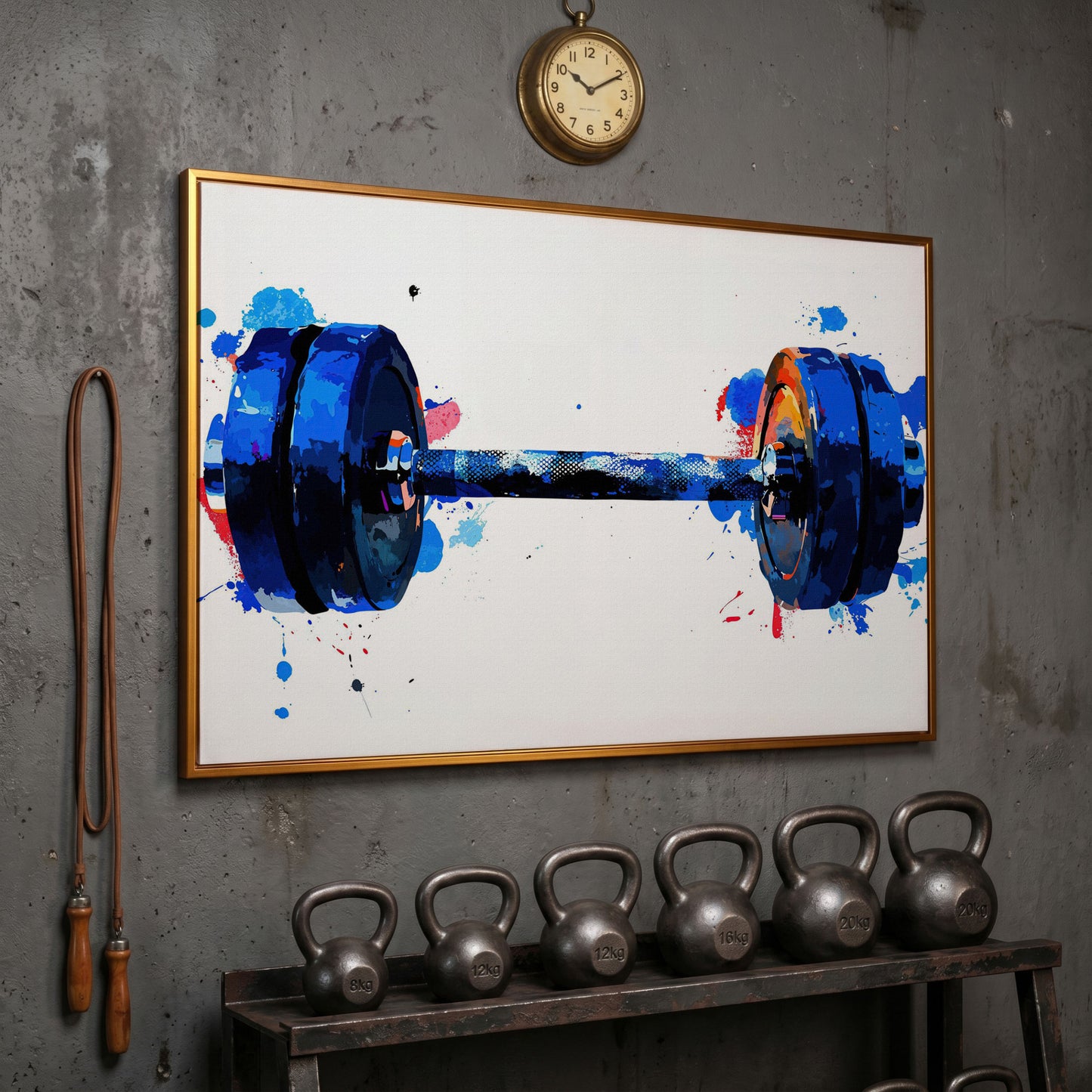 Dumbbell Watercolor Canvas Print in Cerulean & Crimson in antique gold floating frame