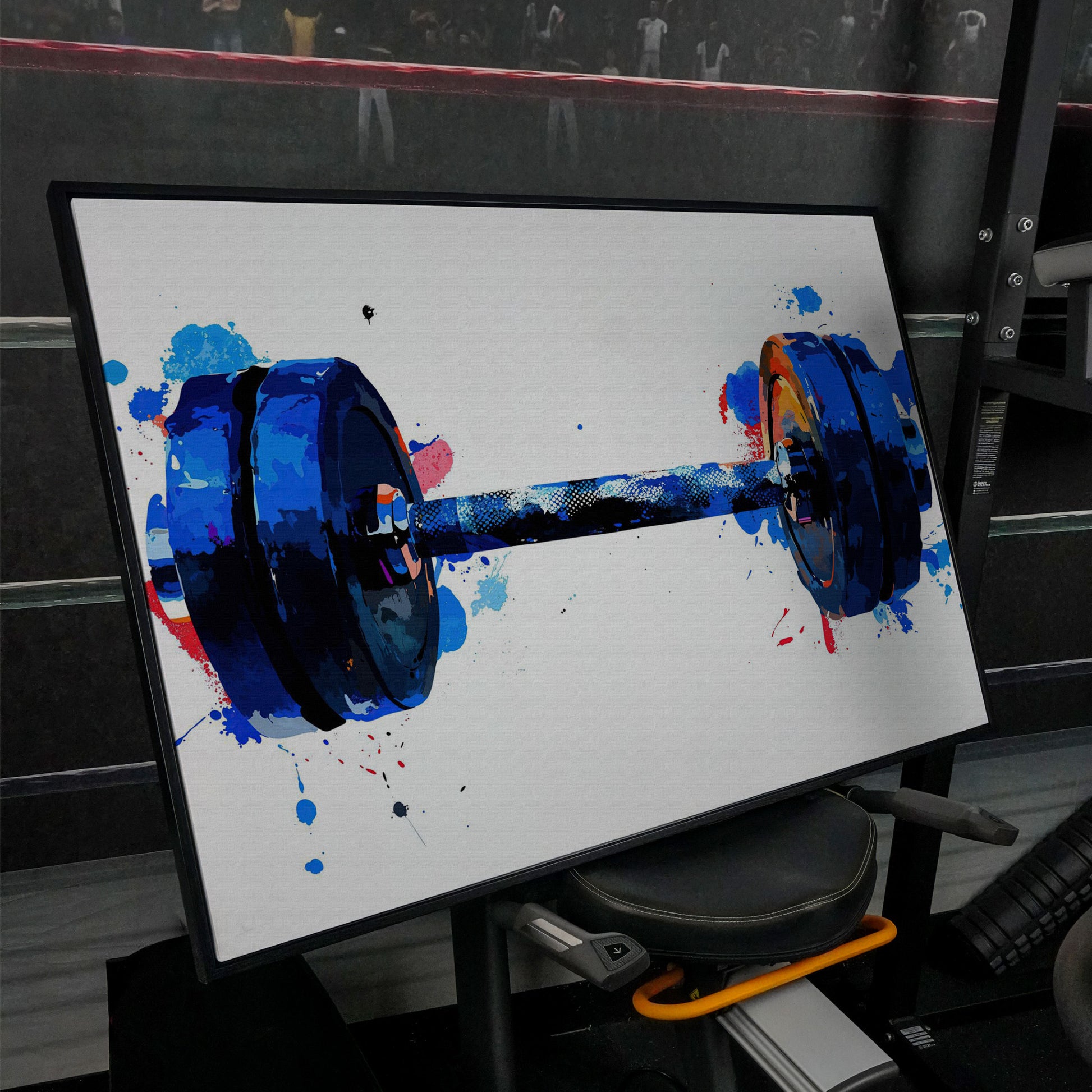 Dumbbell Watercolor Canvas Print in Cerulean & Crimson in black floating frame