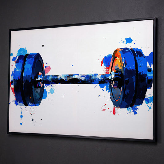 Dumbbell Watercolor Canvas Print in Cerulean & Crimson shown in black floating frame