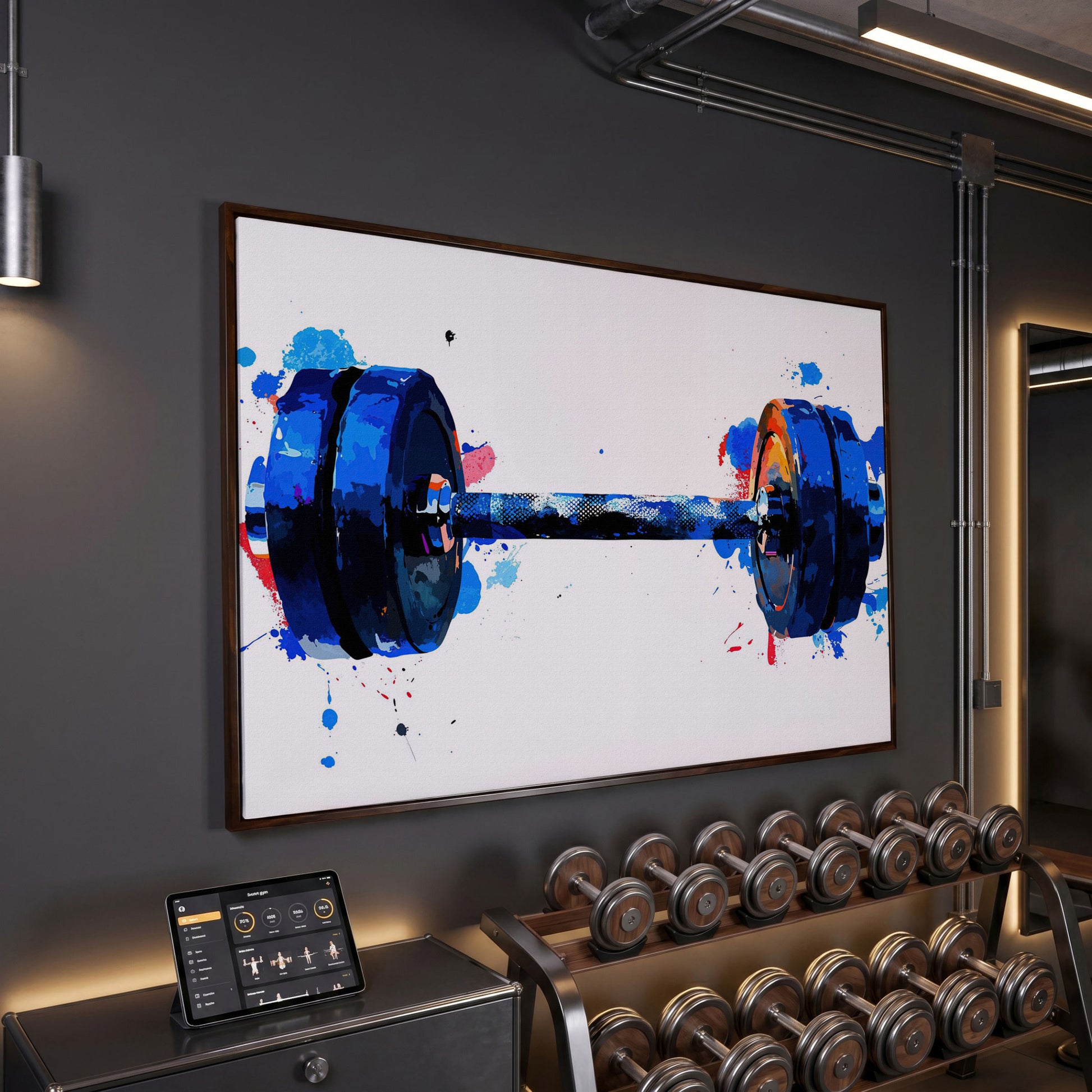 Dumbbell Watercolor Canvas Print in Cerulean & Crimson in dark walnut floating frame
