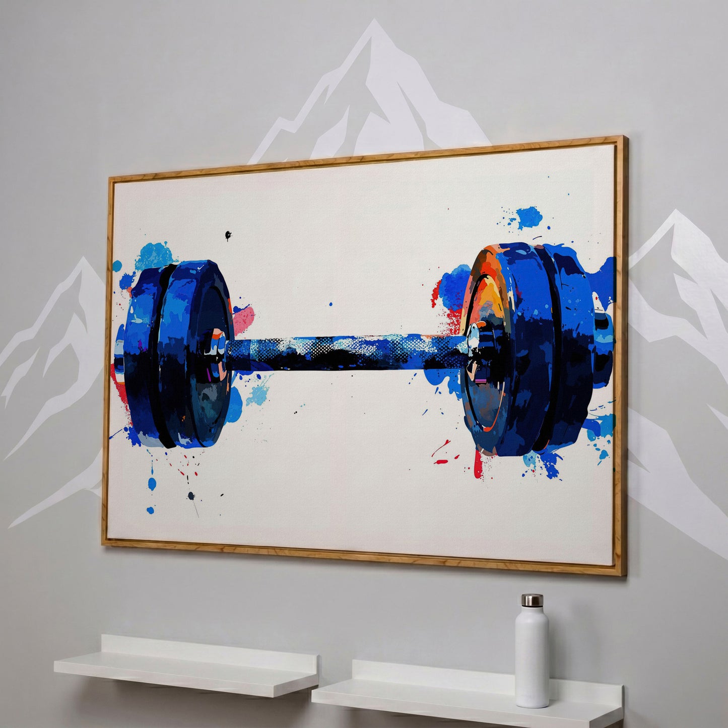 Dumbbell Watercolor Canvas Print in Cerulean & Crimson in white oak floating frame
