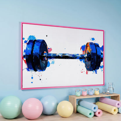 Dumbbell Watercolor Canvas Print in Cerulean & Crimson in pink floating frame