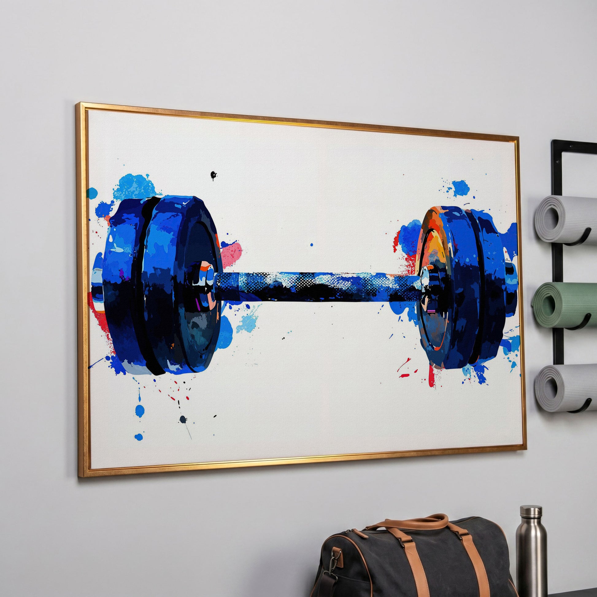 Dumbbell Watercolor Canvas Print in Cerulean & Crimson in rose gold floating frame