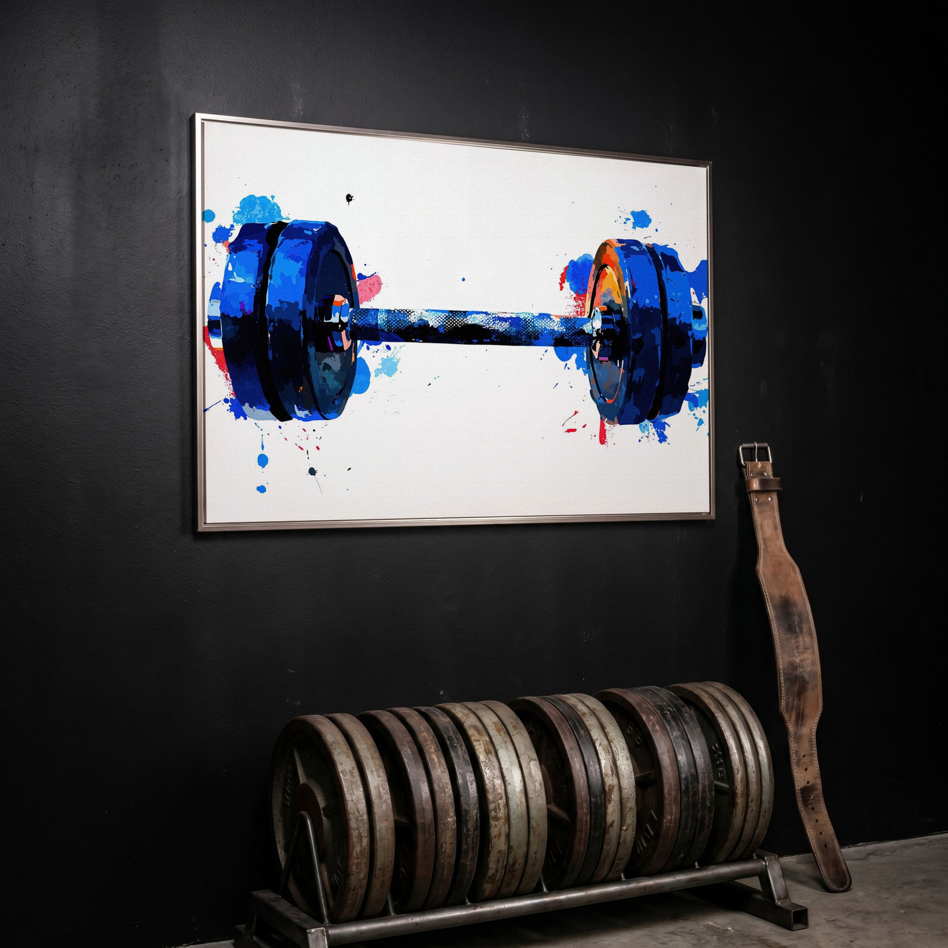 Dumbbell Watercolor Canvas Print in Cerulean & Crimson in silver floating frame