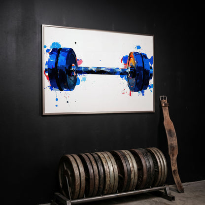 Dumbbell Watercolor Canvas Print in Cerulean & Crimson in silver floating frame