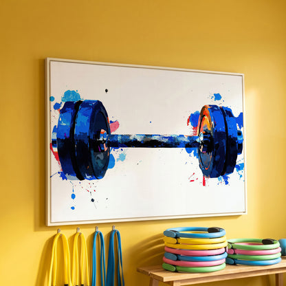 Dumbbell Watercolor Canvas Print in Cerulean & Crimson in white floating frame