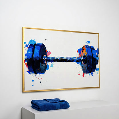 Dumbbell Watercolor Canvas Print in Cerulean & Crimson in yellow gold floating frame