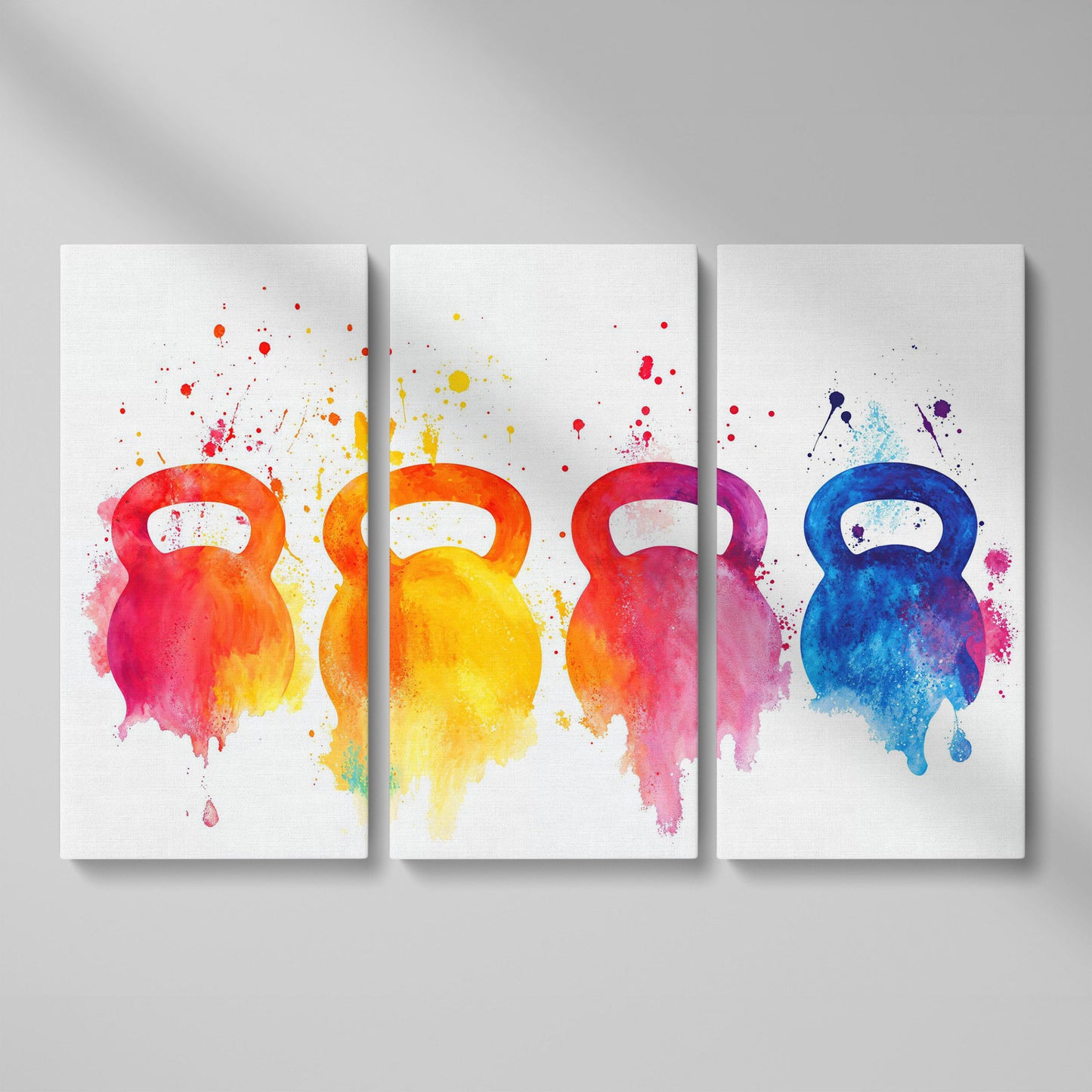 Kettlebells Canvas Print with Watercolor Detail as 3-panel split version
